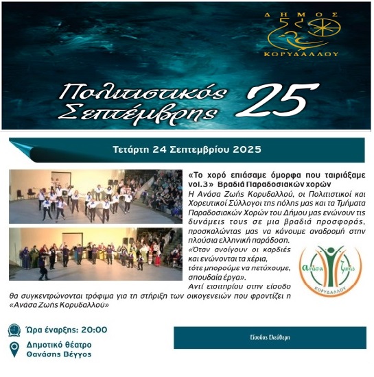 Συμμετοχή του τμήματος Παραδοσιακών Χορών του συλλόγου μας στην εκδήλωση που διοργανώνει η »ΑΝΑΣΑ ΖΩΗΣ» στα πλαίσια του Πολιτιστικού Σεπτέμβρη του Δήμου μας.
